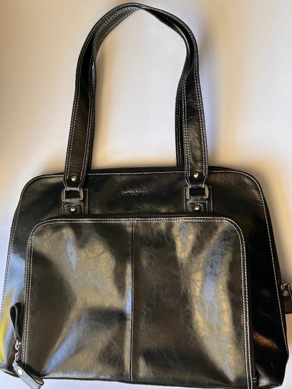 Samsonite Black Faux Leather Laptop Tote Work Bag Contrast Stitch Zip